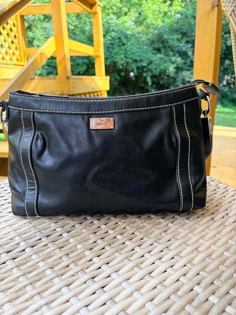 Liz & Co. Black Faux Leather Shoulder Bag with Contrast Stitching